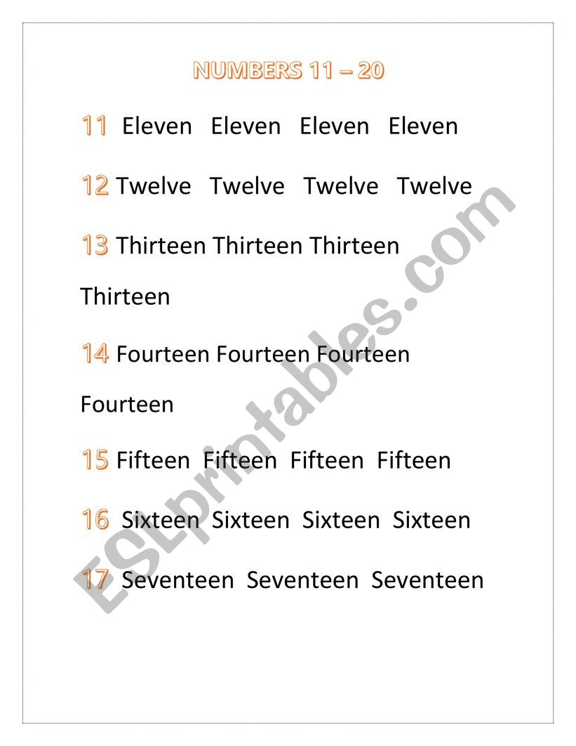 Numbers 11 20 ESL Worksheet By Yey Al