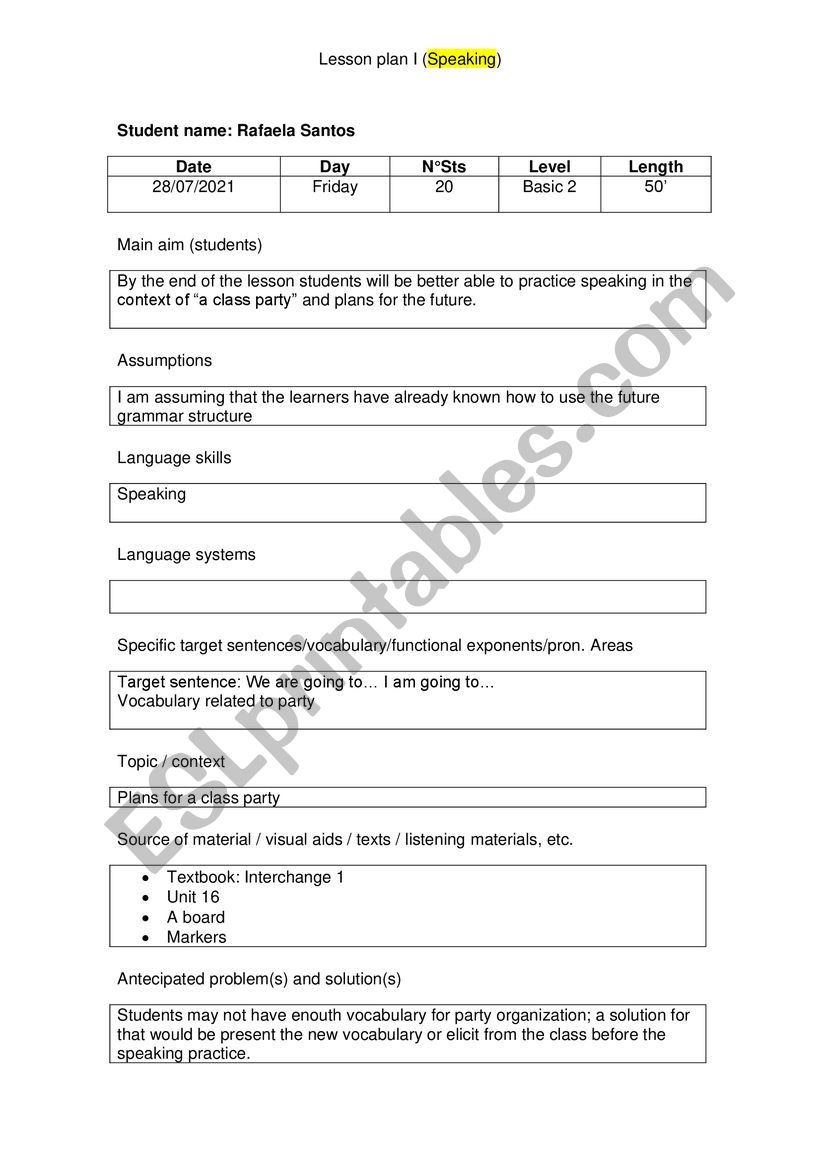 Speaking lesson plan worksheet