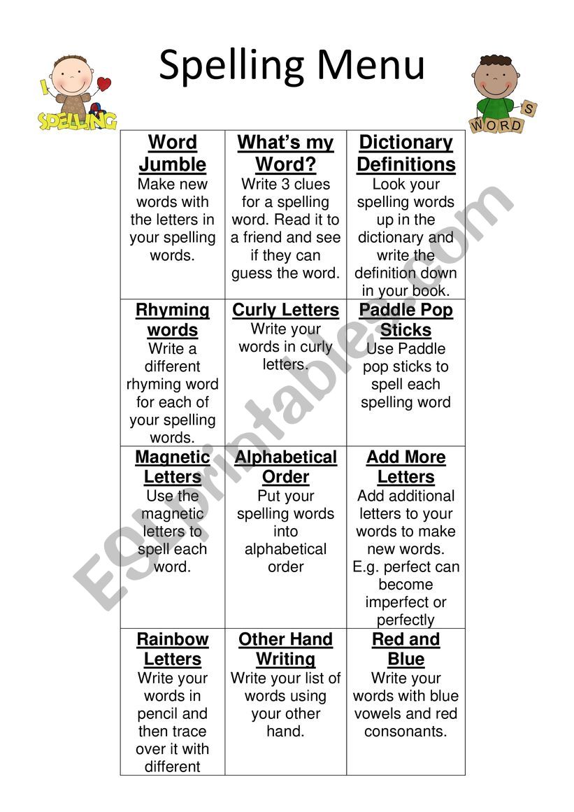 Spelling Menu worksheet