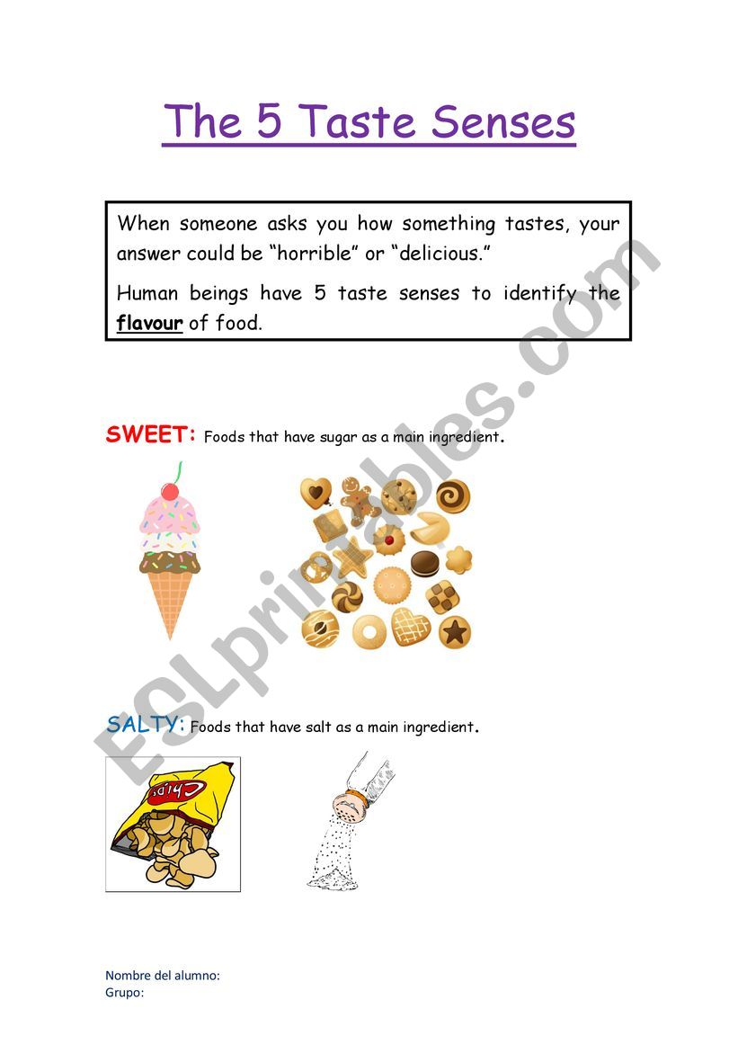 The 5 taste Senses ESL worksheet by vale82