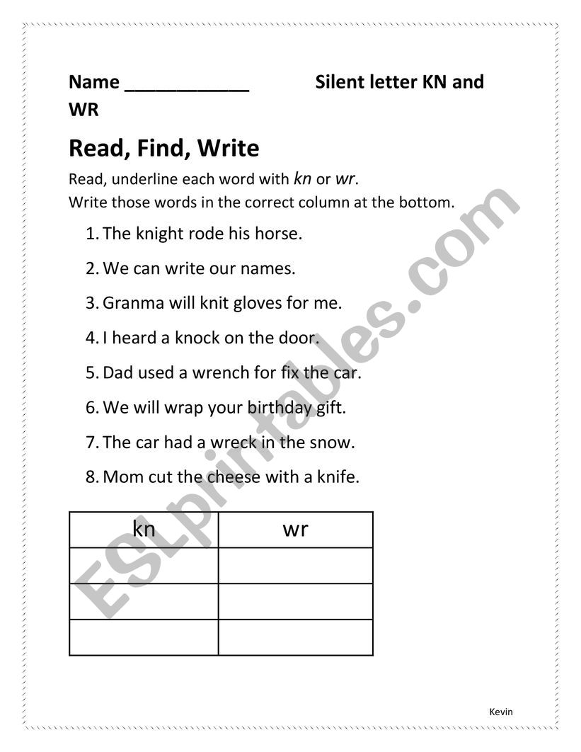 kn and wr sounds worksheet