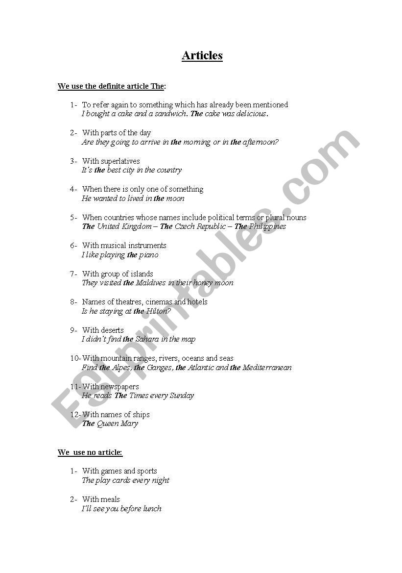 articles worksheet