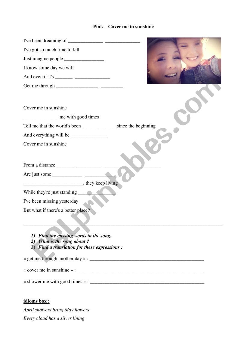 Cover me in sunshine lyrics worksheet