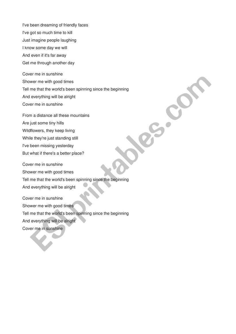 Cover me in sunshine lyrics worksheet