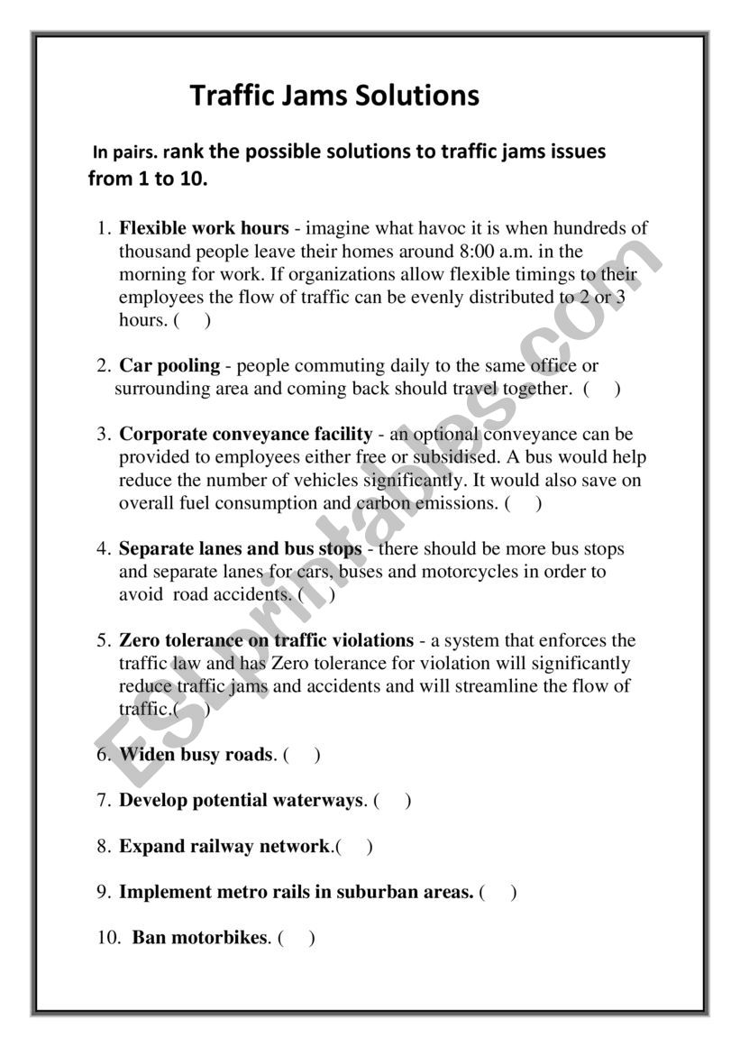 Traffic Jam Issues worksheet