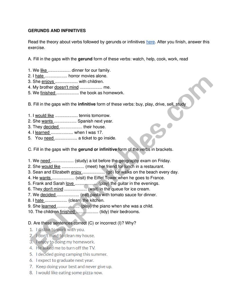 Gerunds X Infinitives worksheet