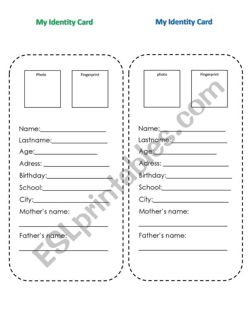 Identity Card worksheet