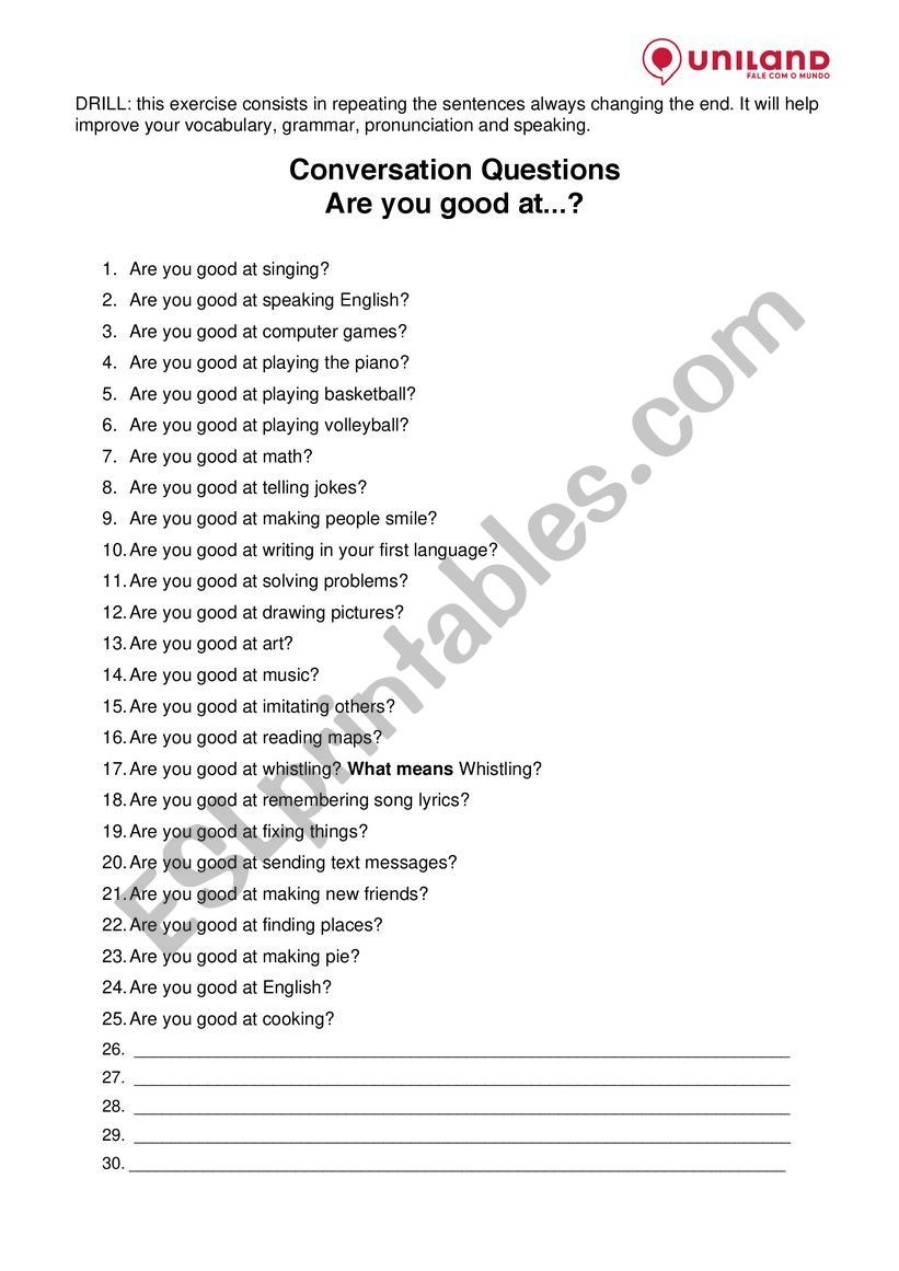 Are you good at.... worksheet