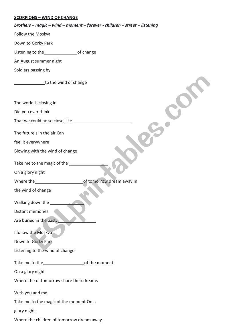 Wind of change - scorpions worksheet