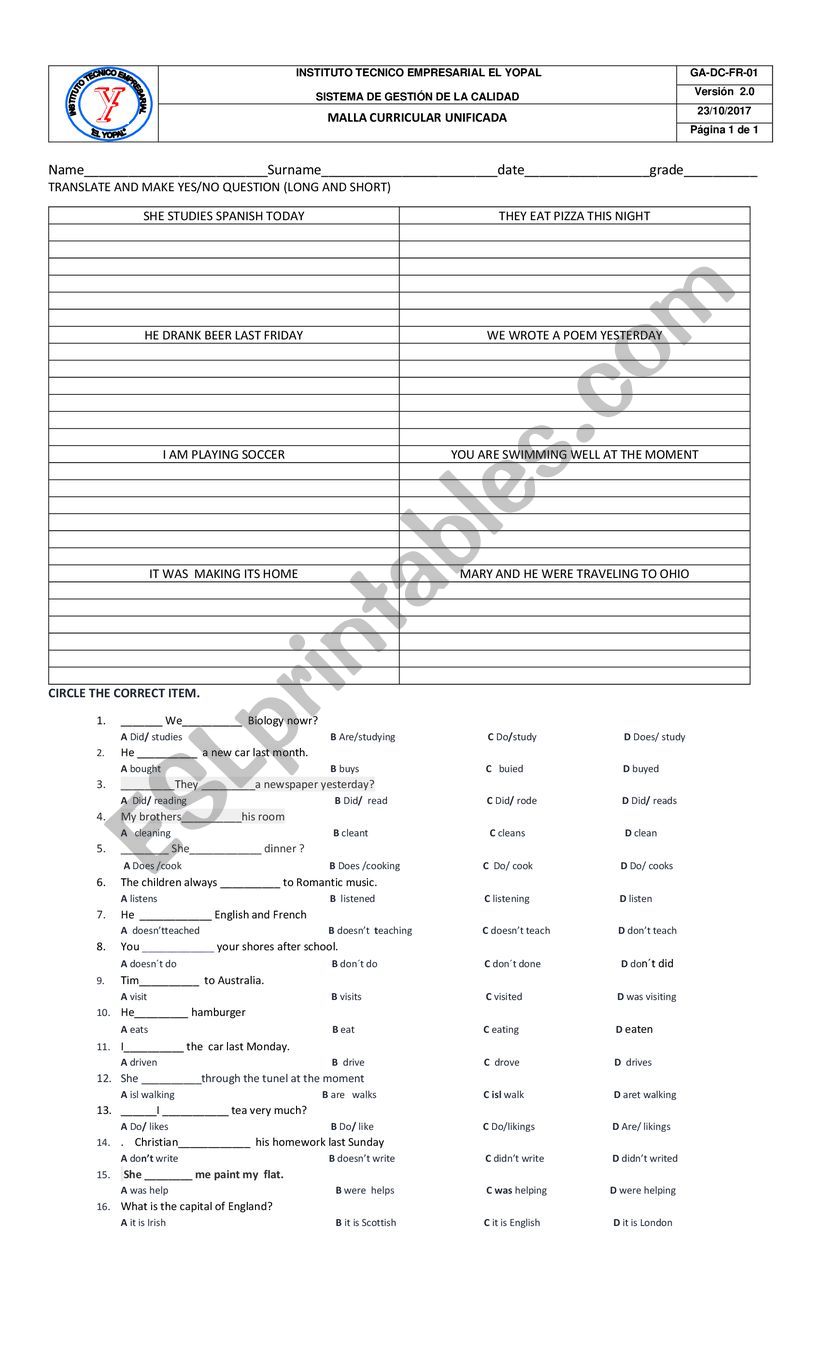 YES/NO QUESTUON worksheet