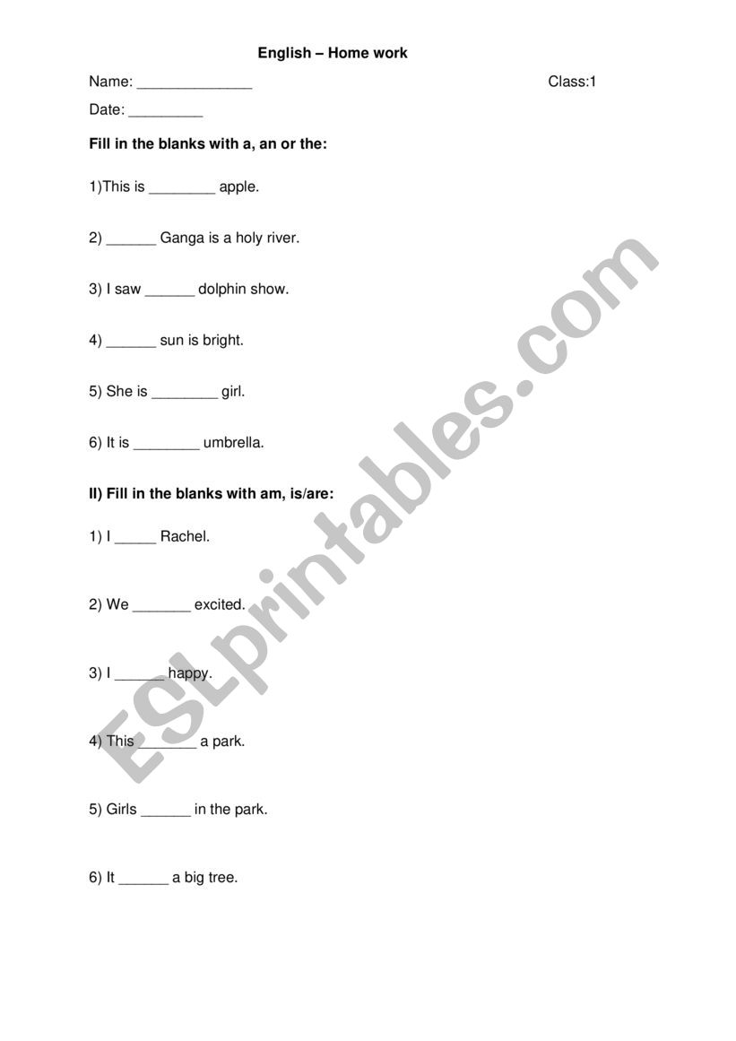 a, an,the & am, is/ are worksheet