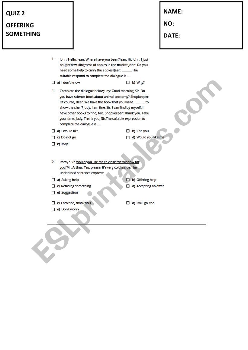 OFFERING SOMETHING EXERCISE worksheet