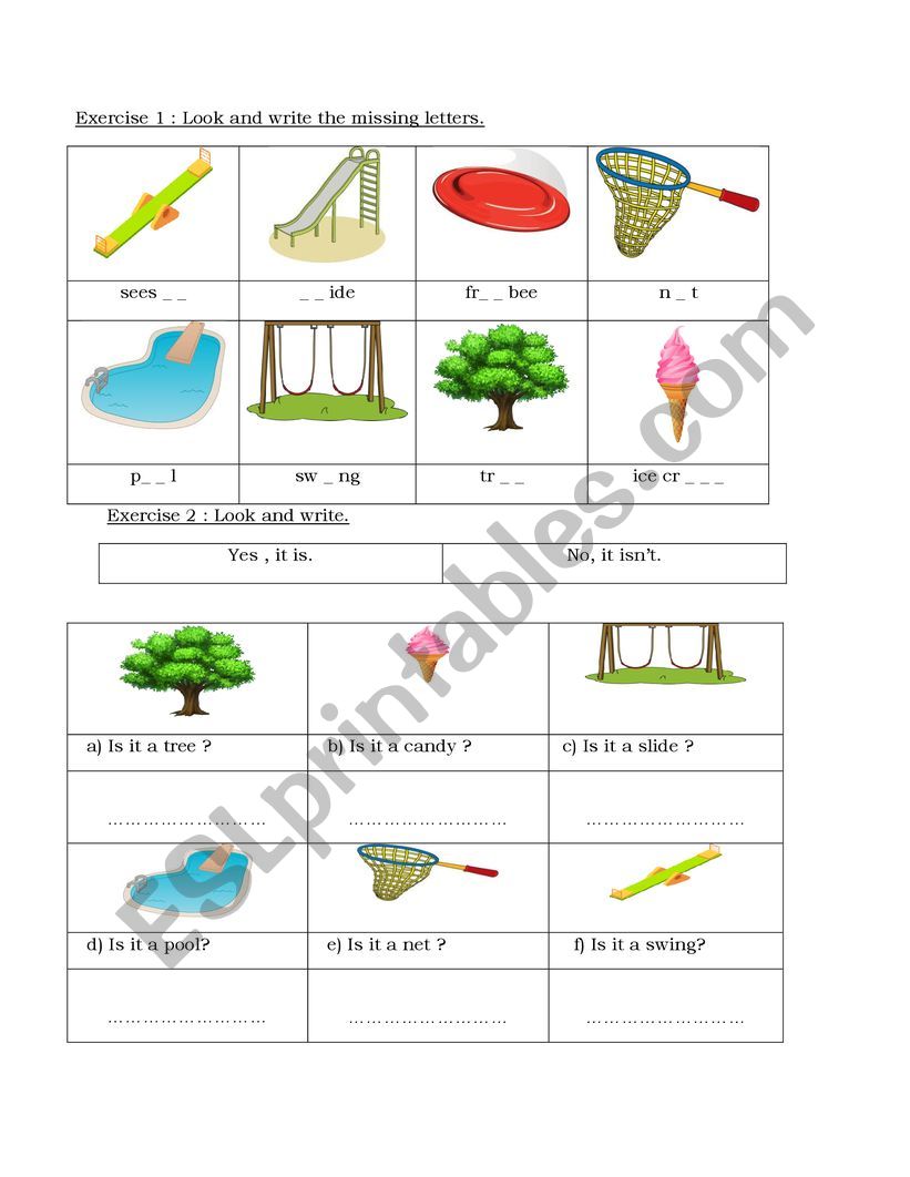 in the park and preposition worksheet