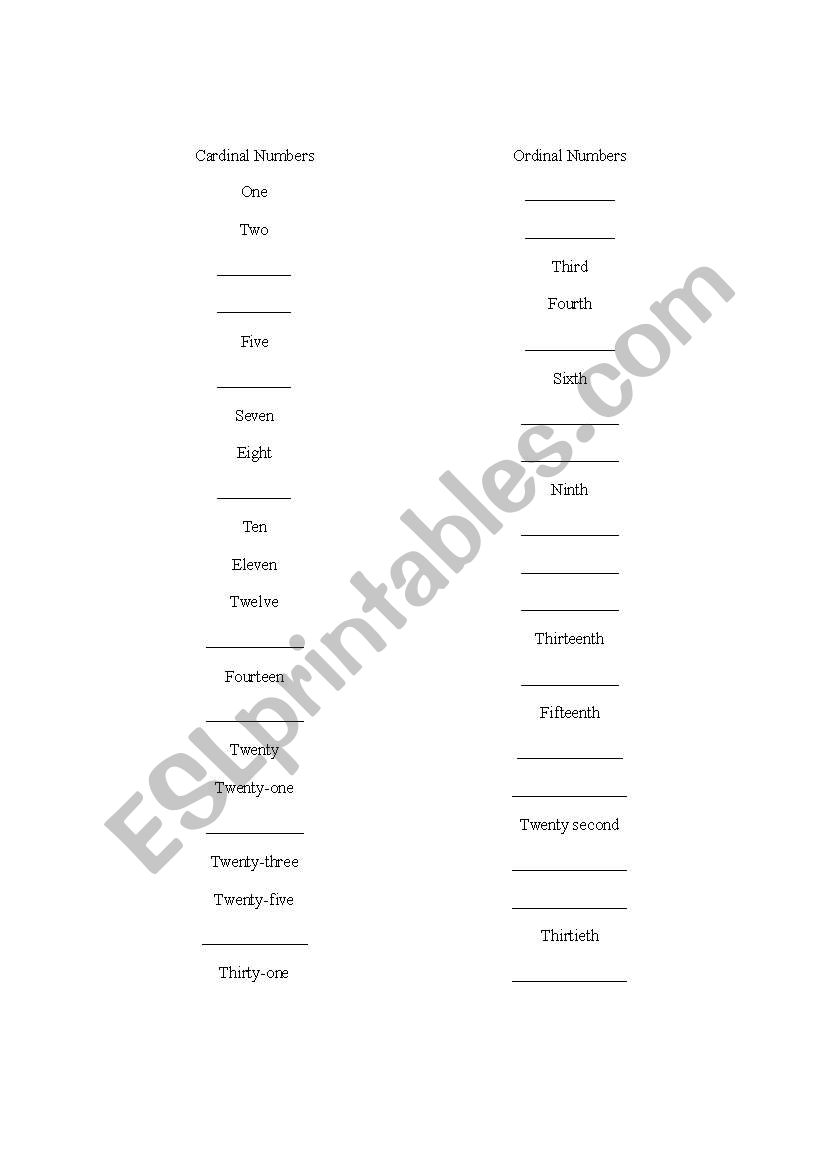 Cardinal and Ordinal Numbers worksheet