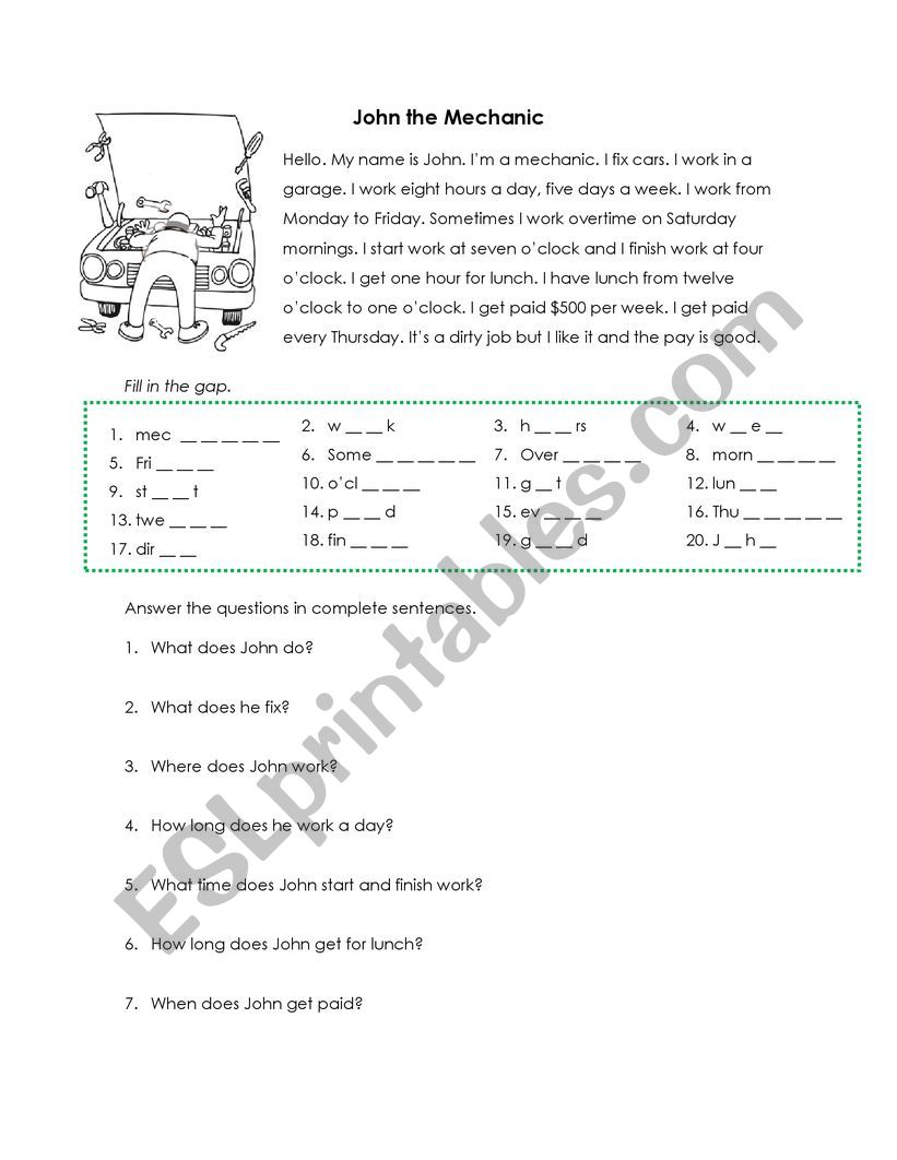 Reading activity worksheet