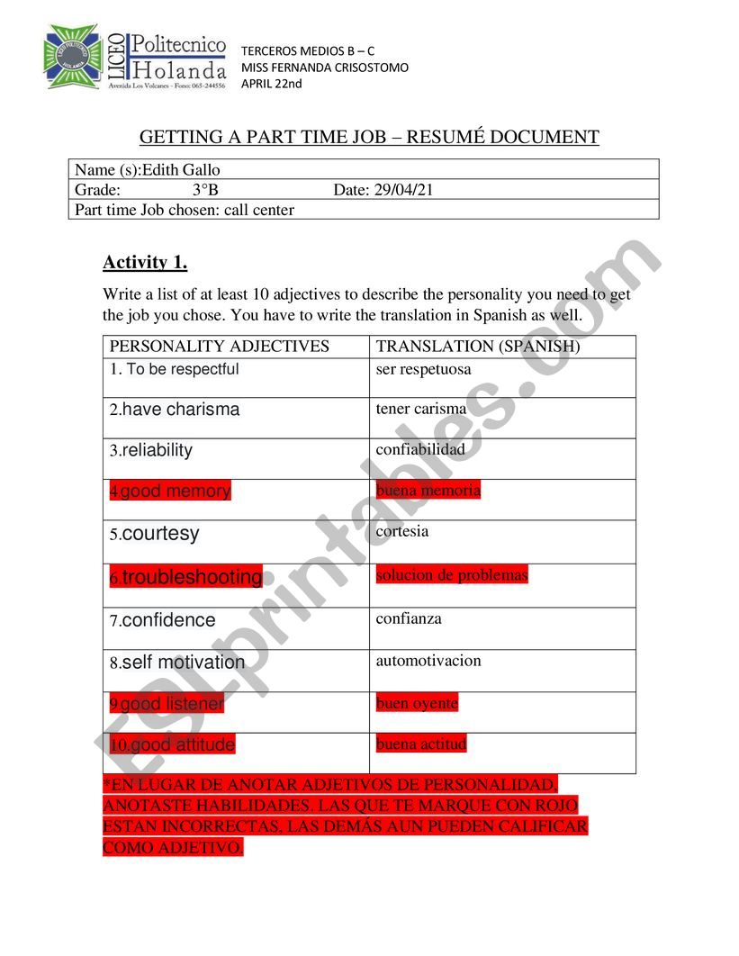 Getting a part time job worksheet