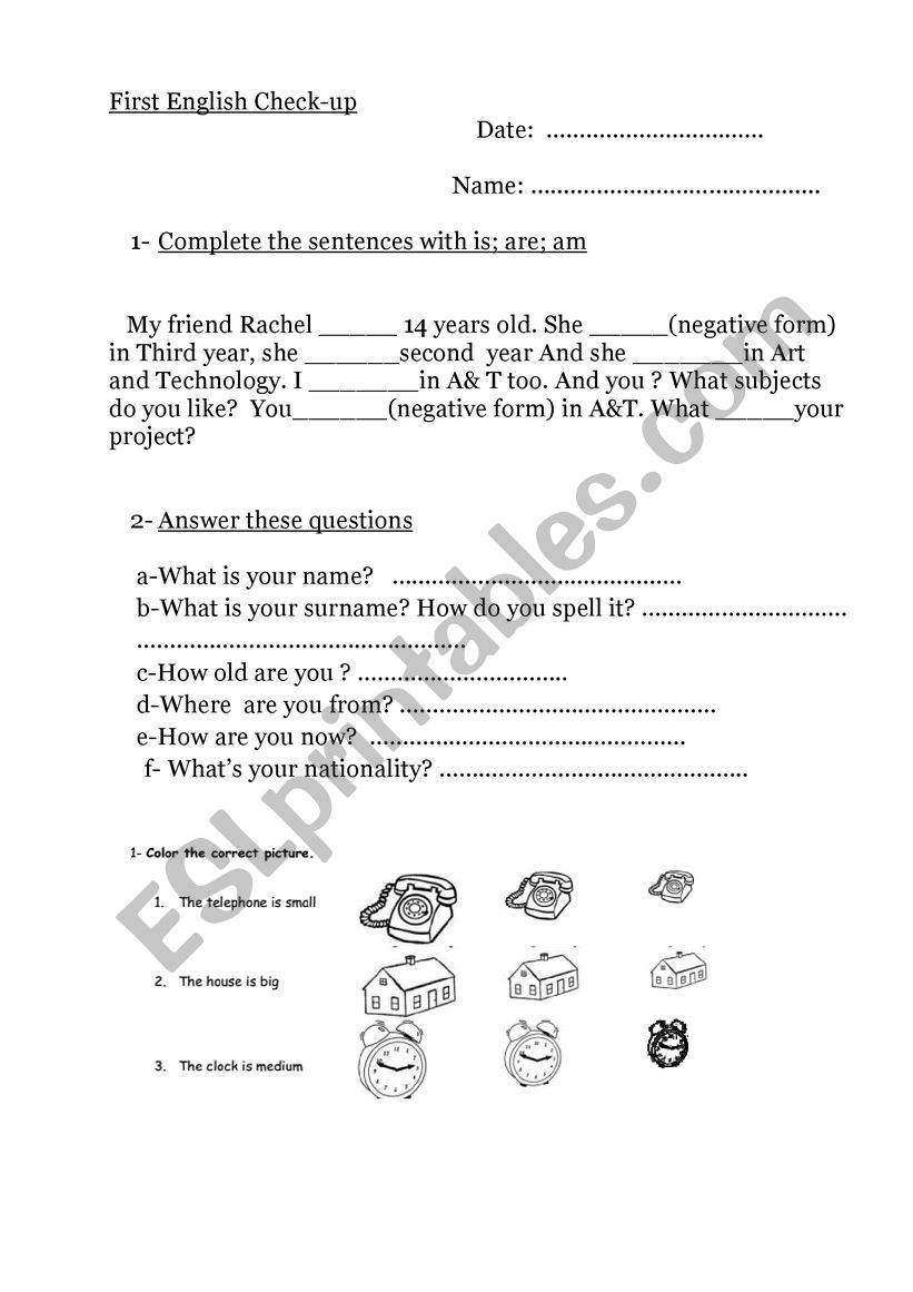 First English check up worksheet