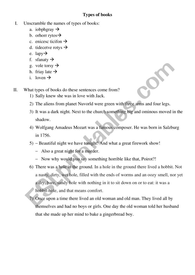 Types of books worksheet