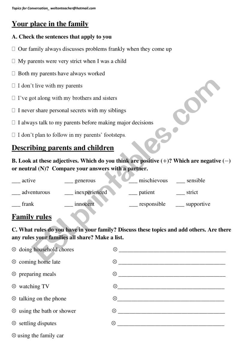Your Place in the Family worksheet