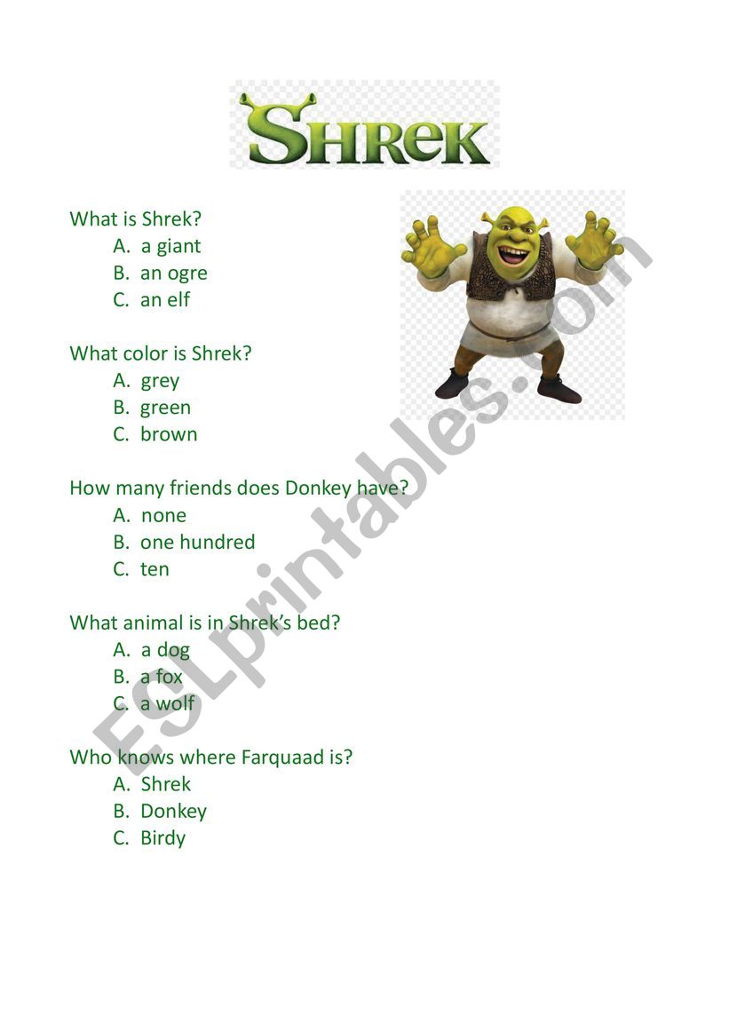 Shrek Movie Quiz worksheet