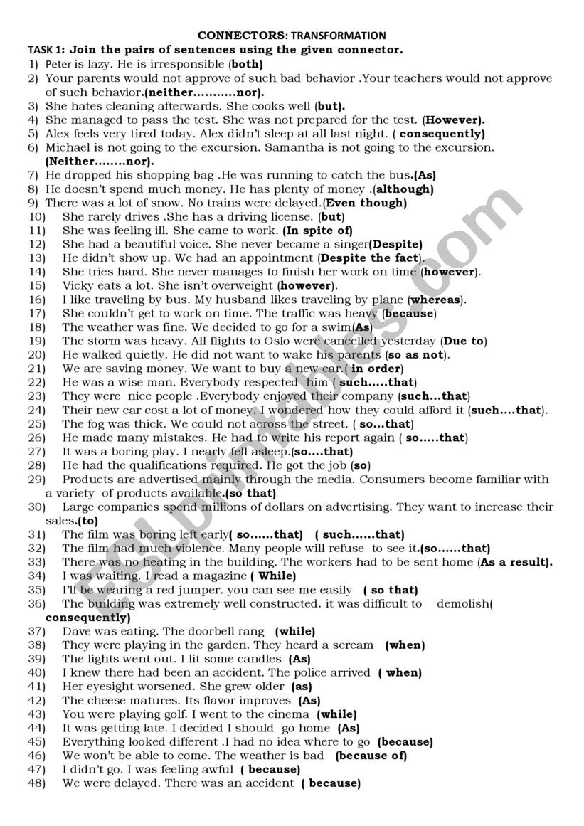 connectors-transformation  worksheet