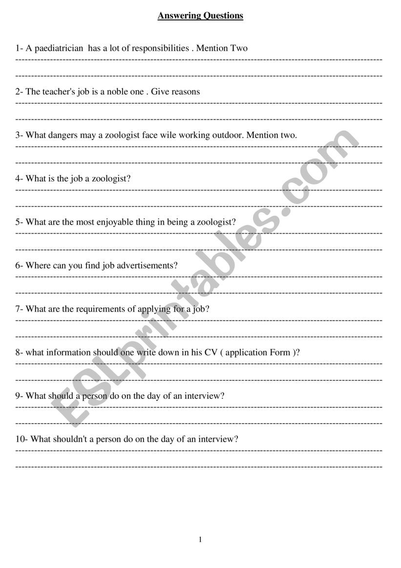 Answering questions worksheet