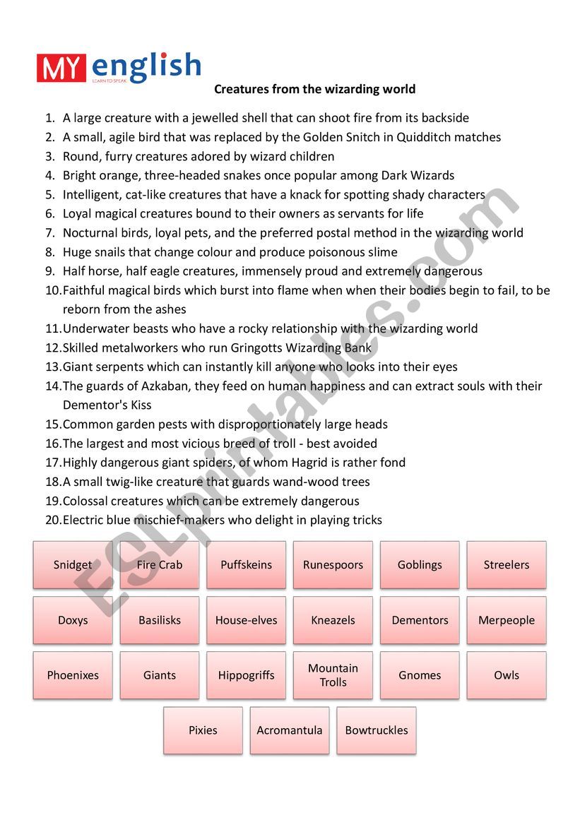 Harry Potter. Creatures worksheet