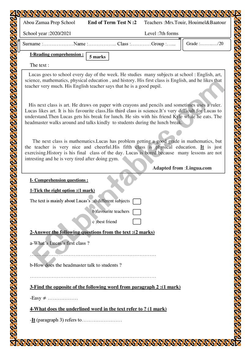 end of term test n 3 - ESL worksheet by sasou ba