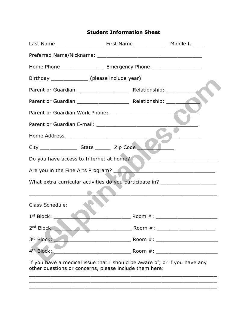 Student information sheet  worksheet