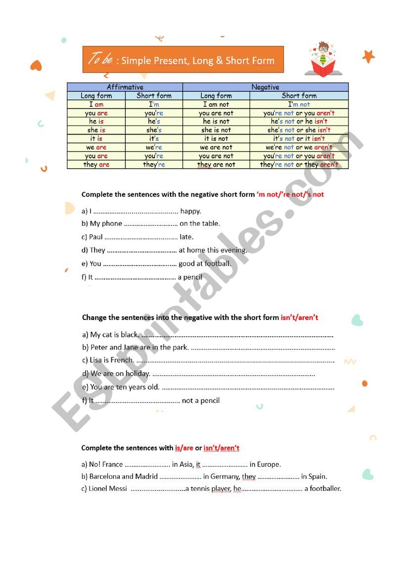 To Be Simple Present Long_Short Form worksheet