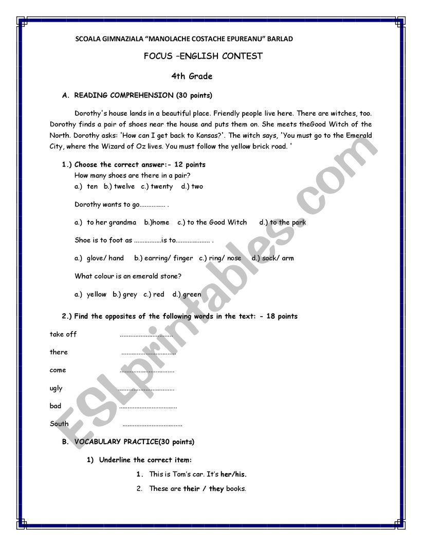 test 4th grade worksheet