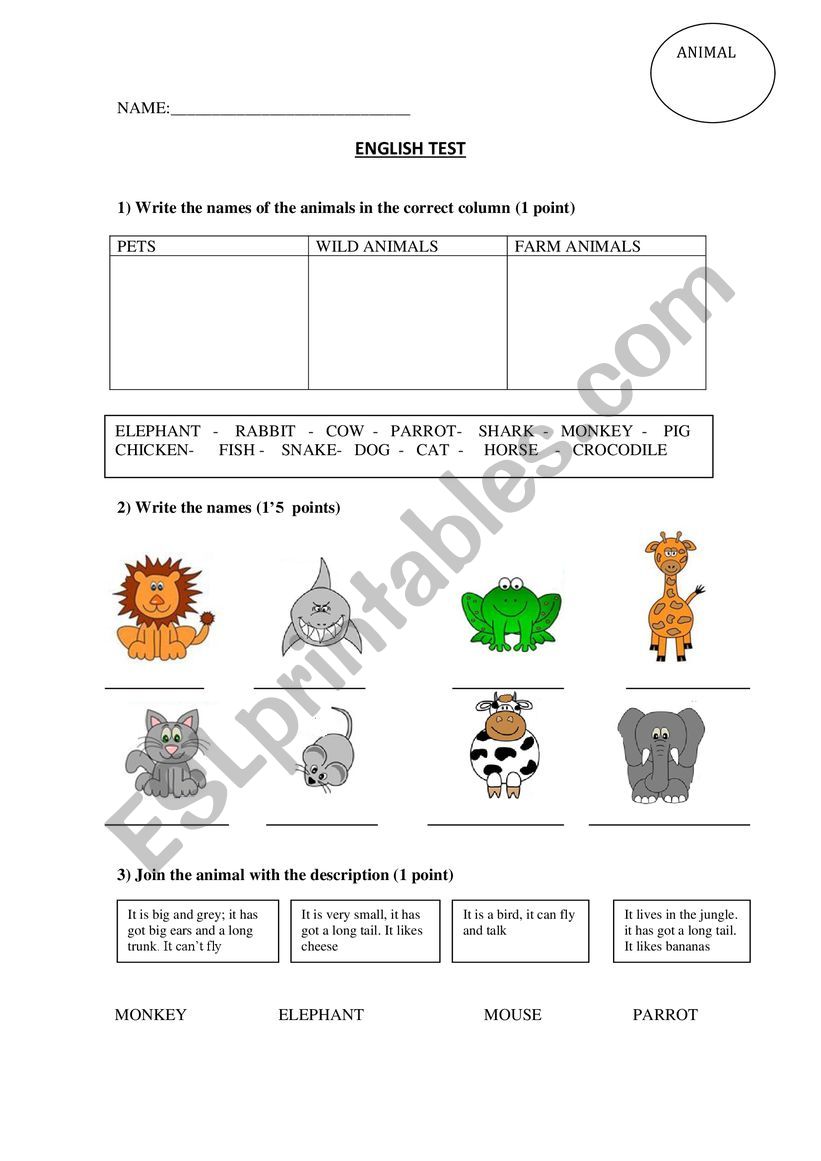 ANIMALS TEST worksheet