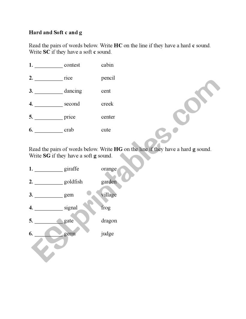 Hard and soft c and g worksheet