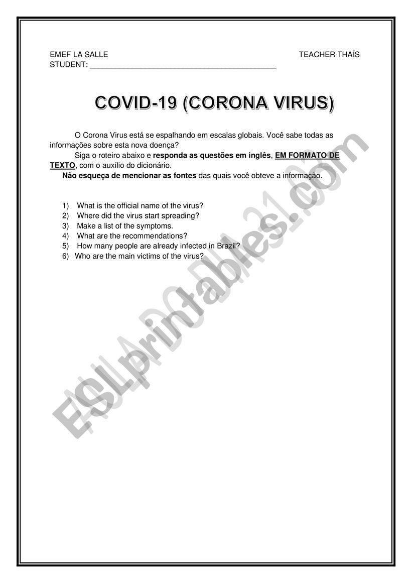 Research on corona virus worksheet