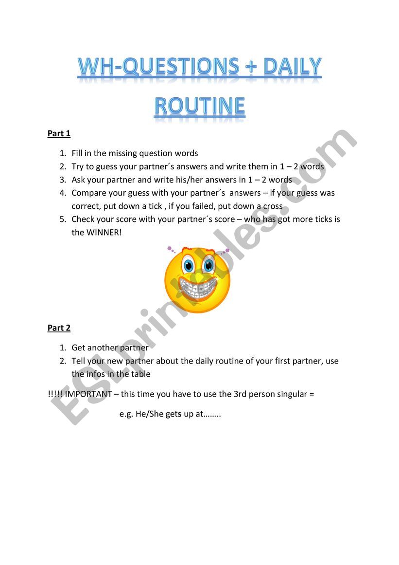 WH-QUESTIONS + DAILY ROUTINE worksheet