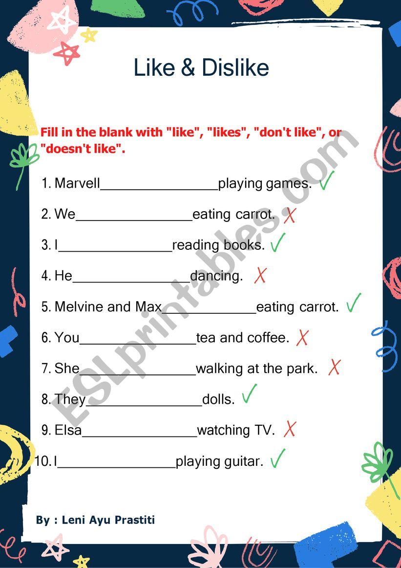 Like and dislike worksheet