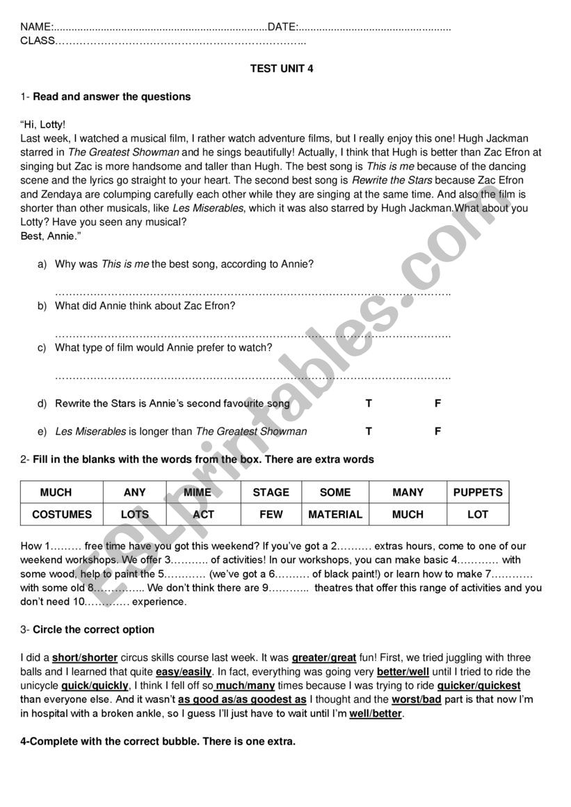 Test comparative, superlative worksheet