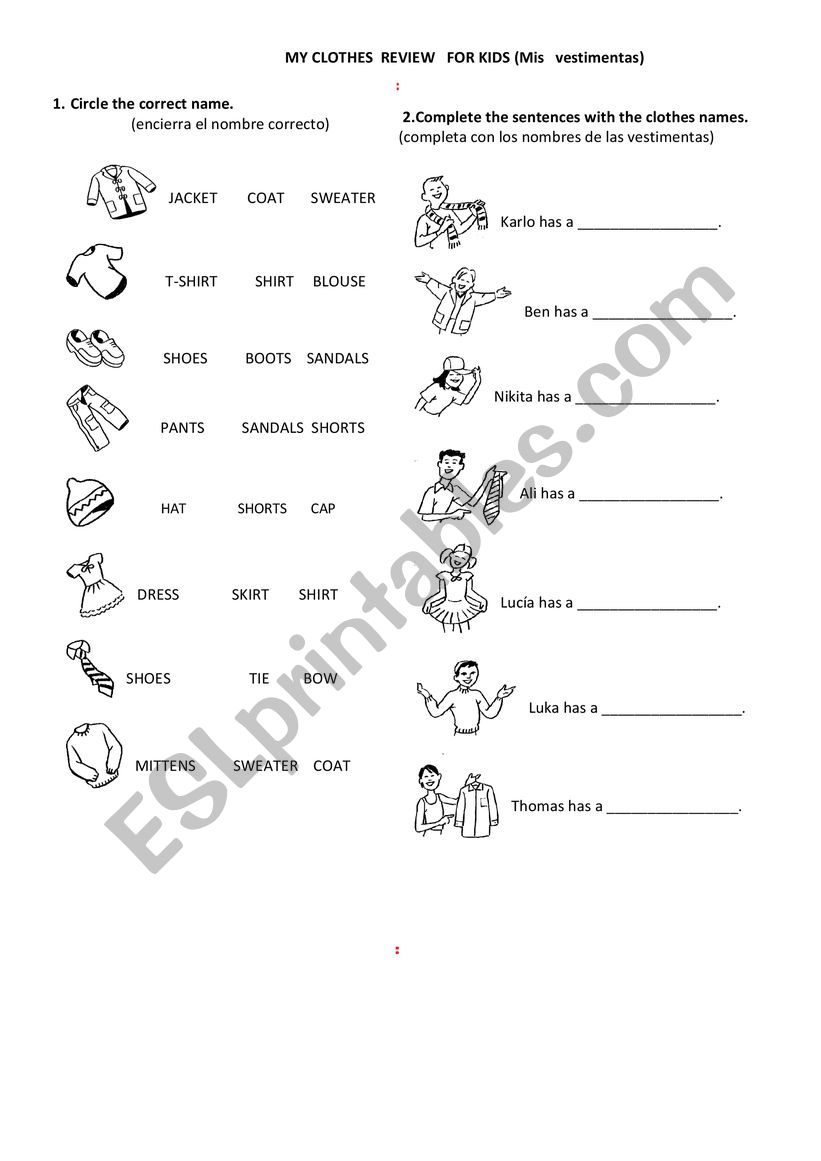 review   clothes  for  kids worksheet