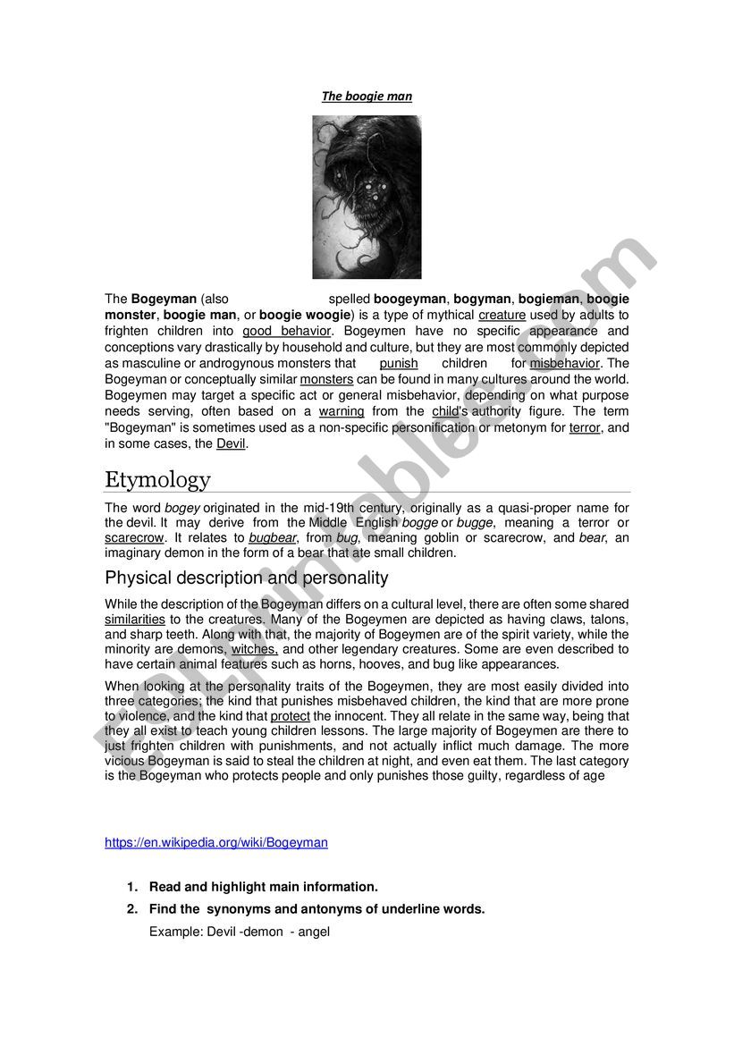 The Bogeyman worksheet