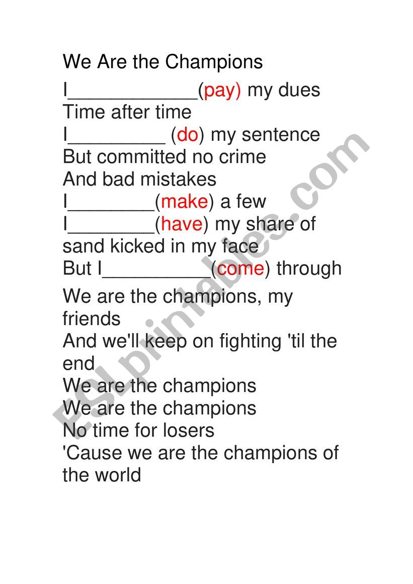 queen we are the champions worksheet
