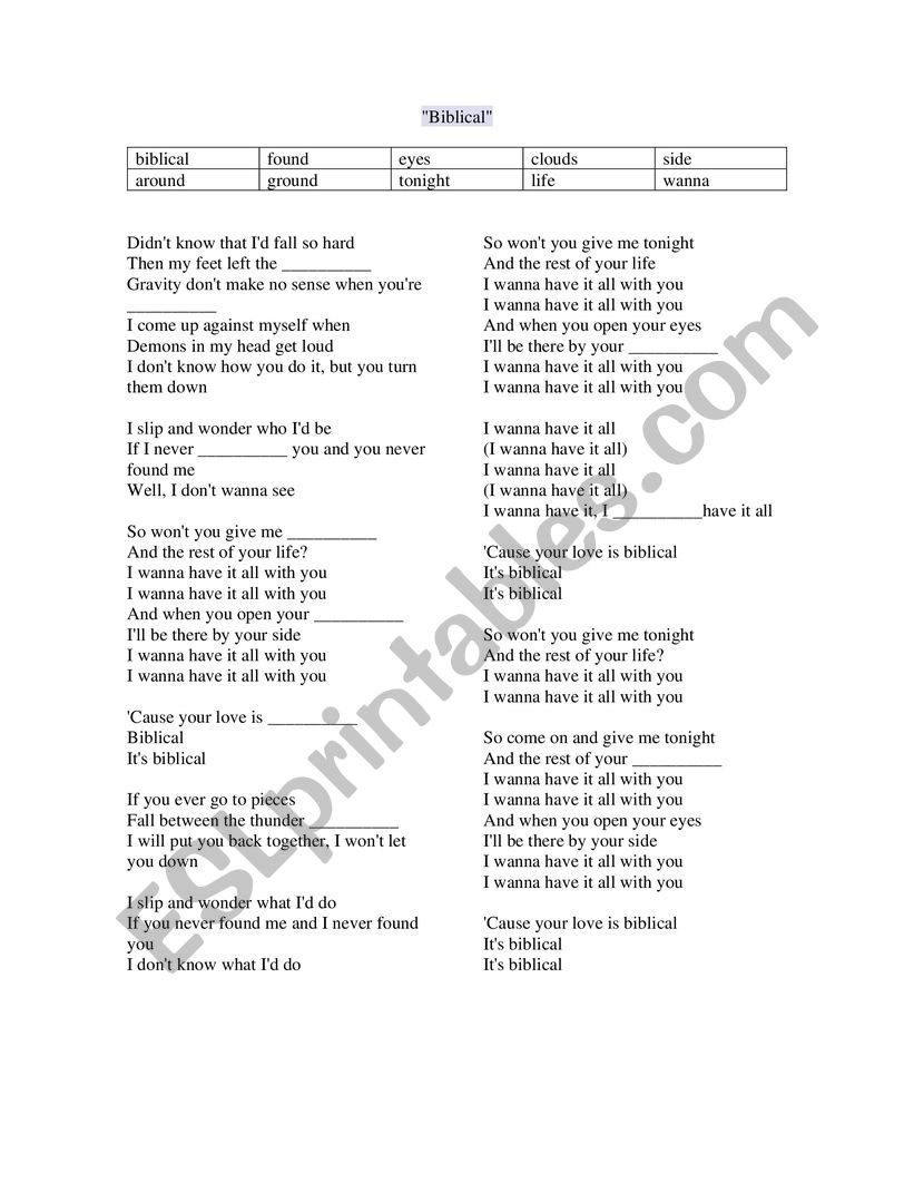 Biblical Song Listening  worksheet