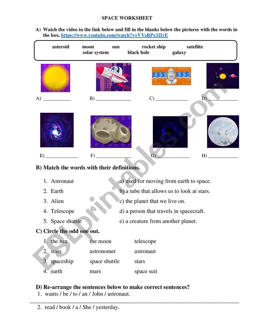 Space Worksheet for Elementary Level