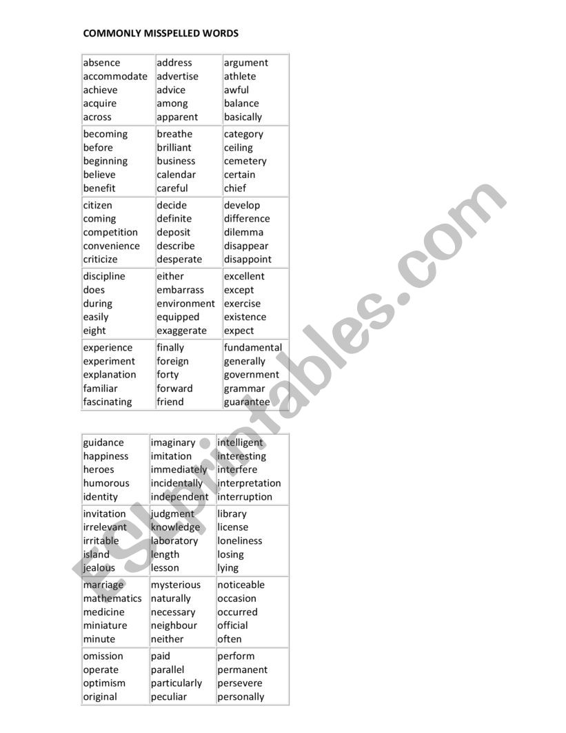 Commonly misspelt words - ESL worksheet by academic@acetireland.ie With Regard To Commonly Misspelled Words Worksheet