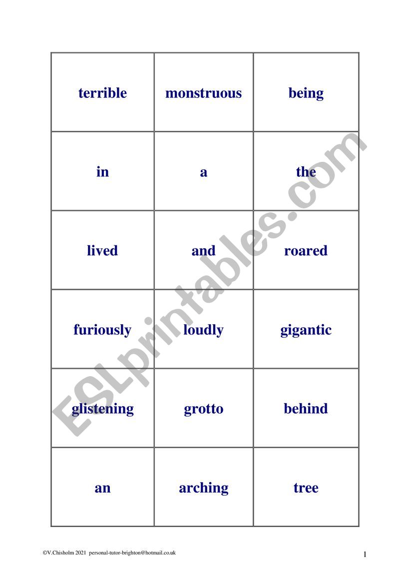 word cards to recognise nature of words plus exercise