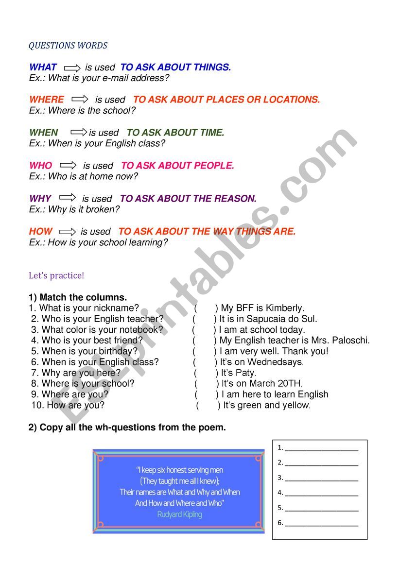 Question words worksheet