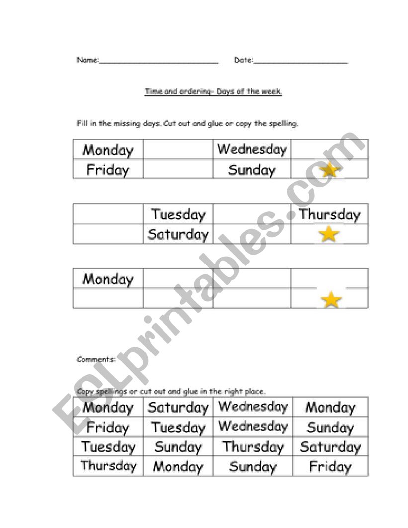 Days of the Week worksheet