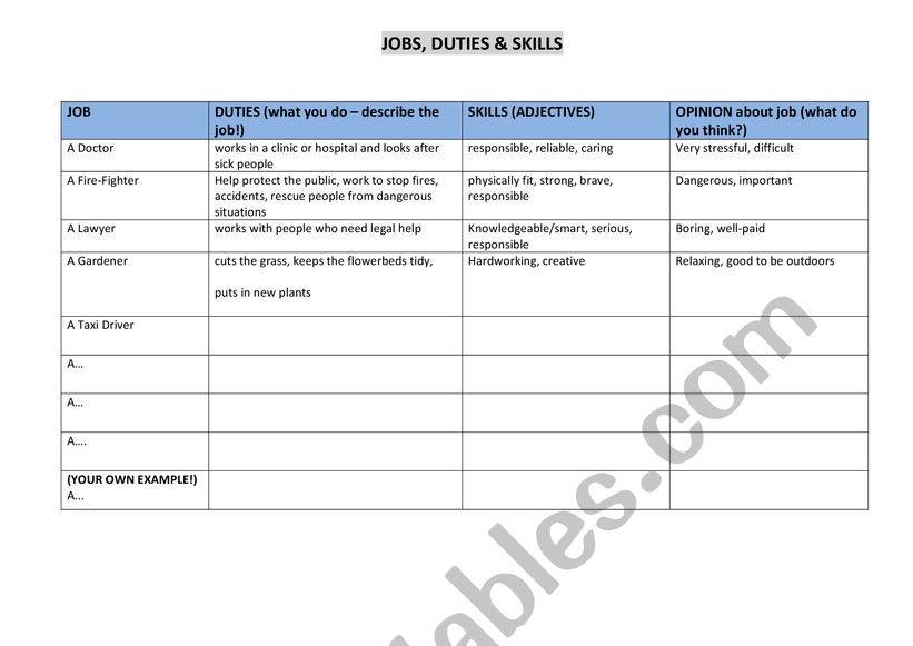 Job skills and adjectives  worksheet