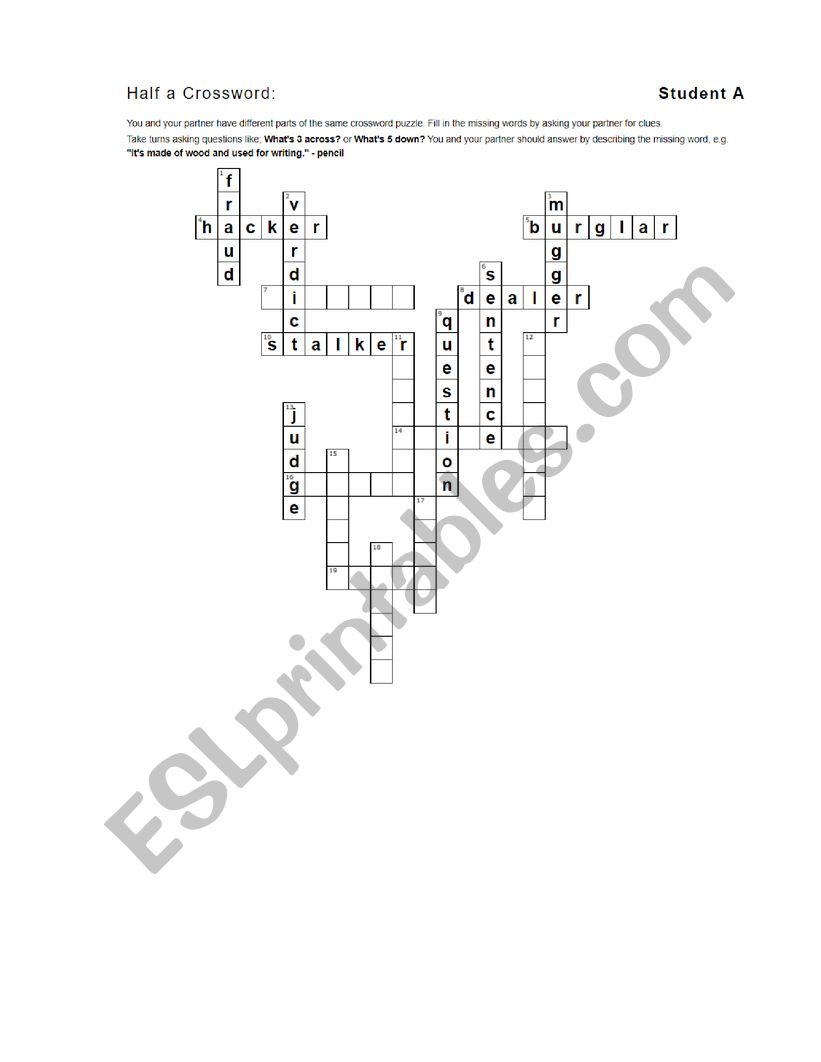 Crime Half Crossword ESL worksheet by heatherland