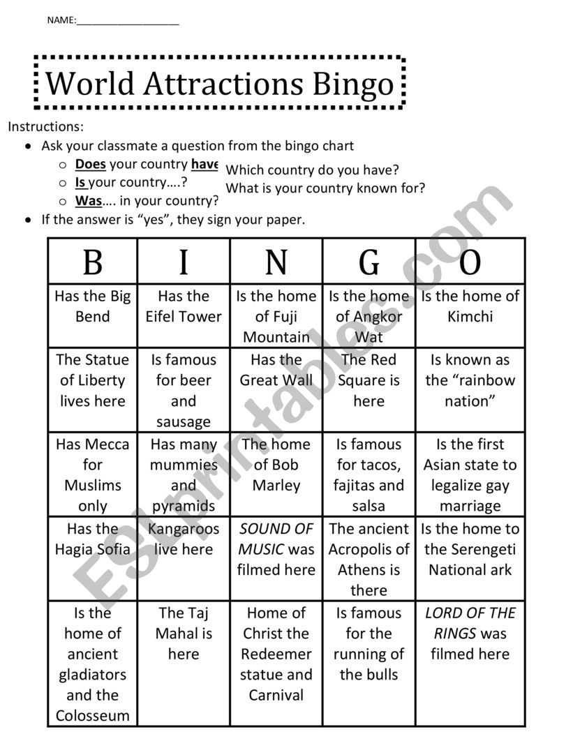 World Attractions BINGO worksheet