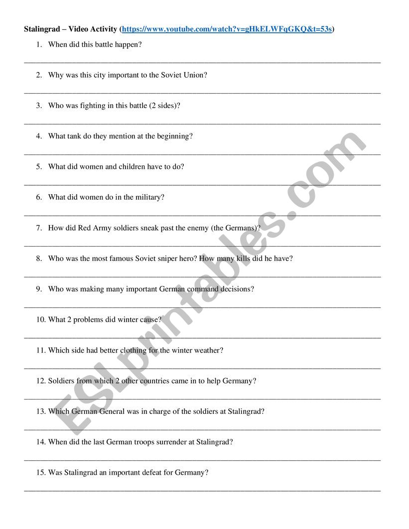 Stalingrad  Video Activity worksheet